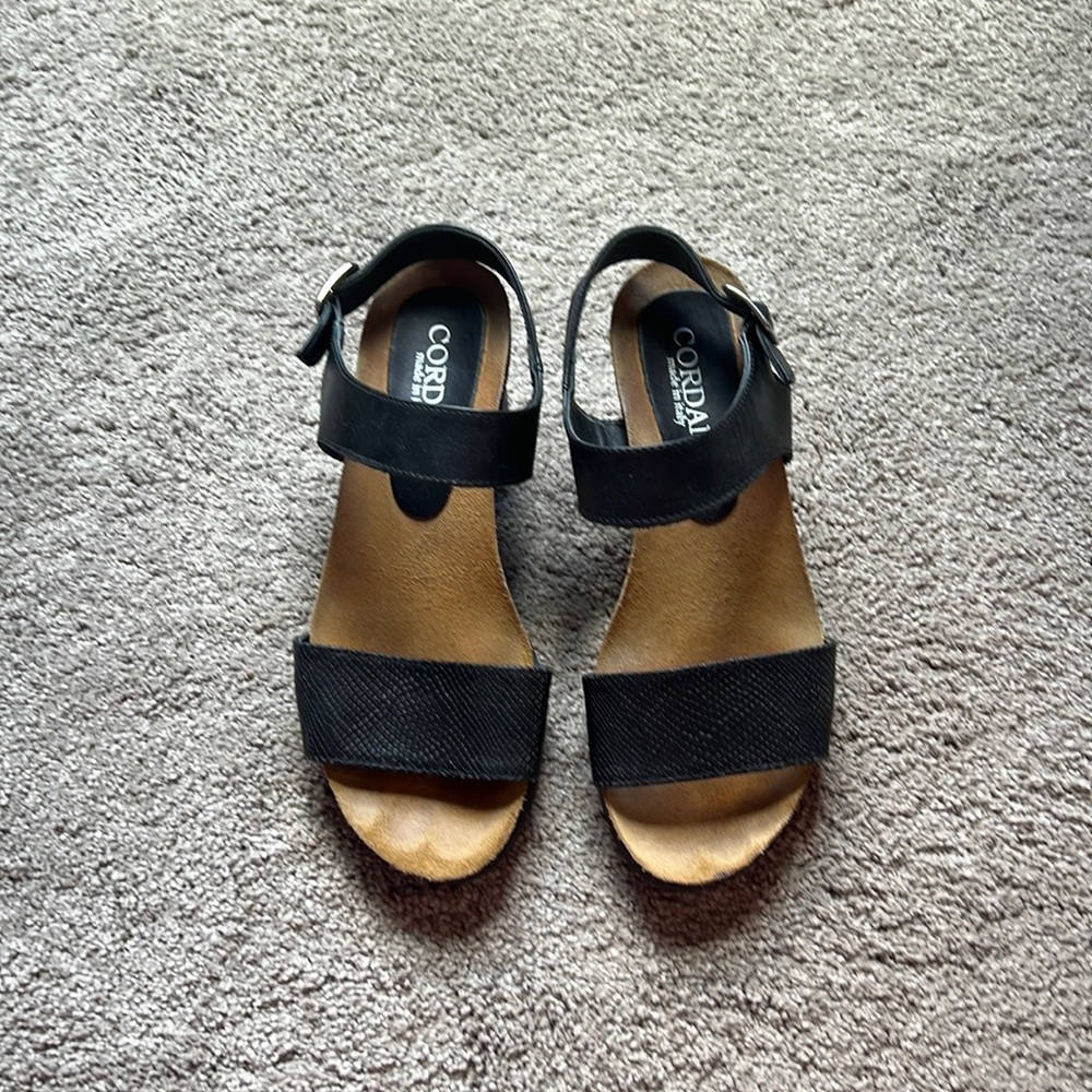 Cordani black leather sandal embossed snake skin strap across toes